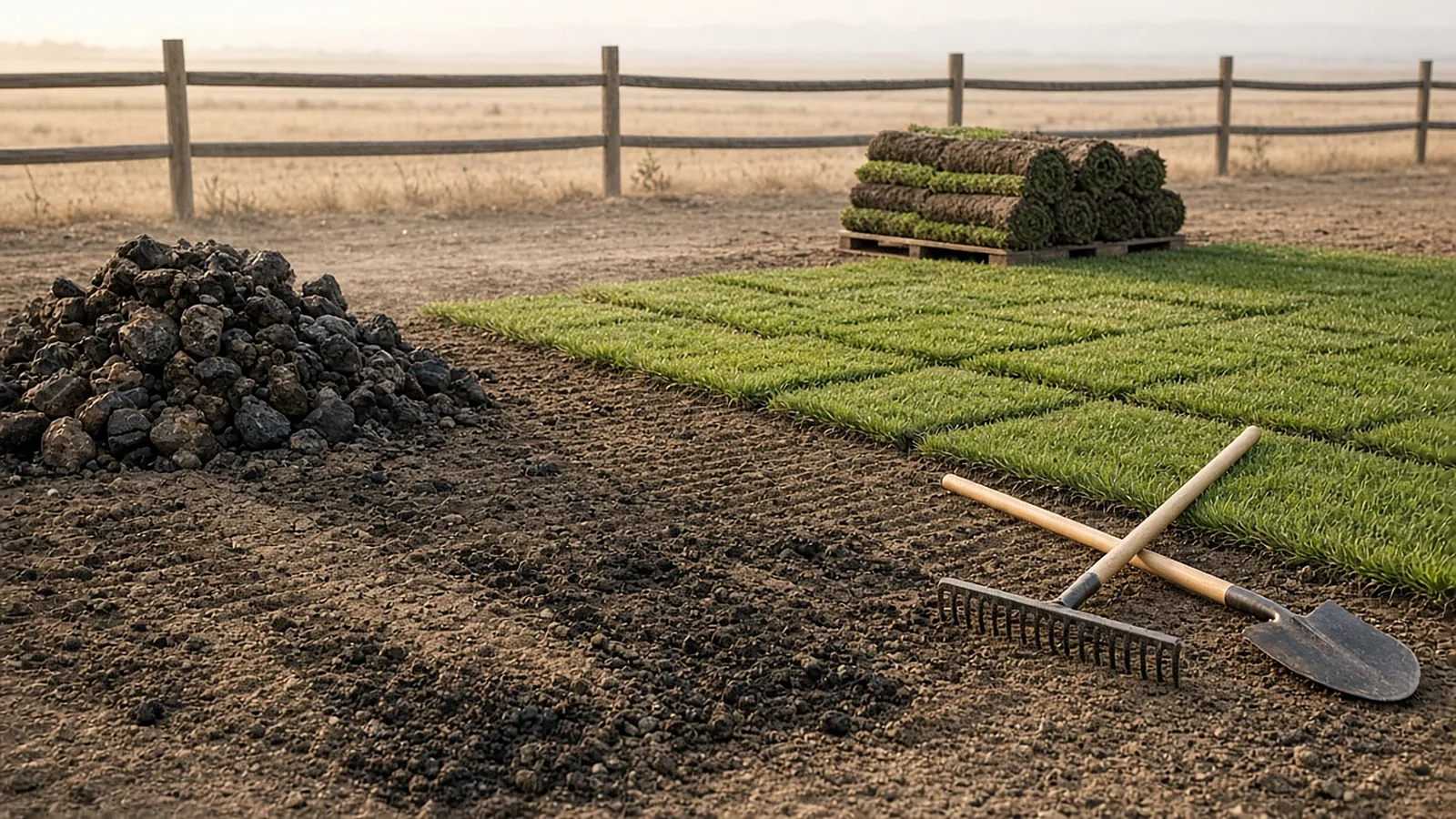 Soil prep and sod installation in progress on a Kuna, Idaho backyard with rock removed and first sod strips laid