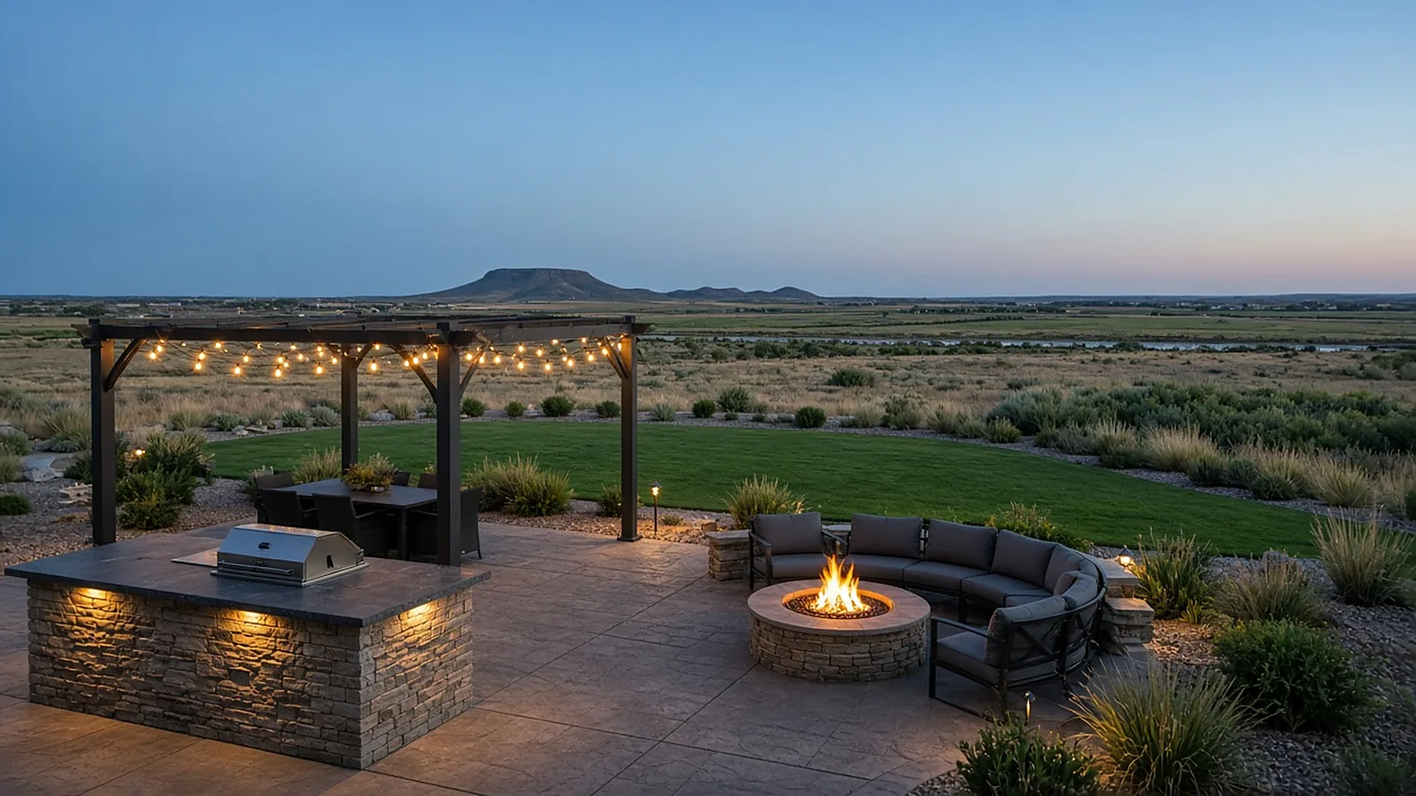 Acreage backyard in Kuna, Idaho with outdoor kitchen island, gas fire pit, and steel shade pergola