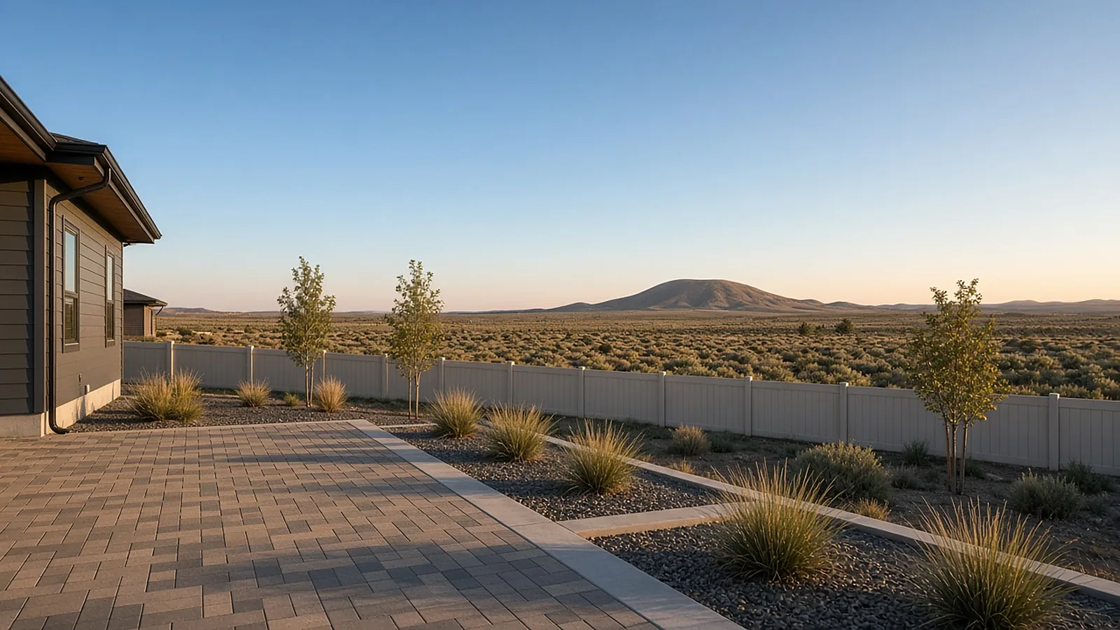 Finished paver patio with seat wall behind a newer home in Kuna, Idaho, open high-desert view beyond