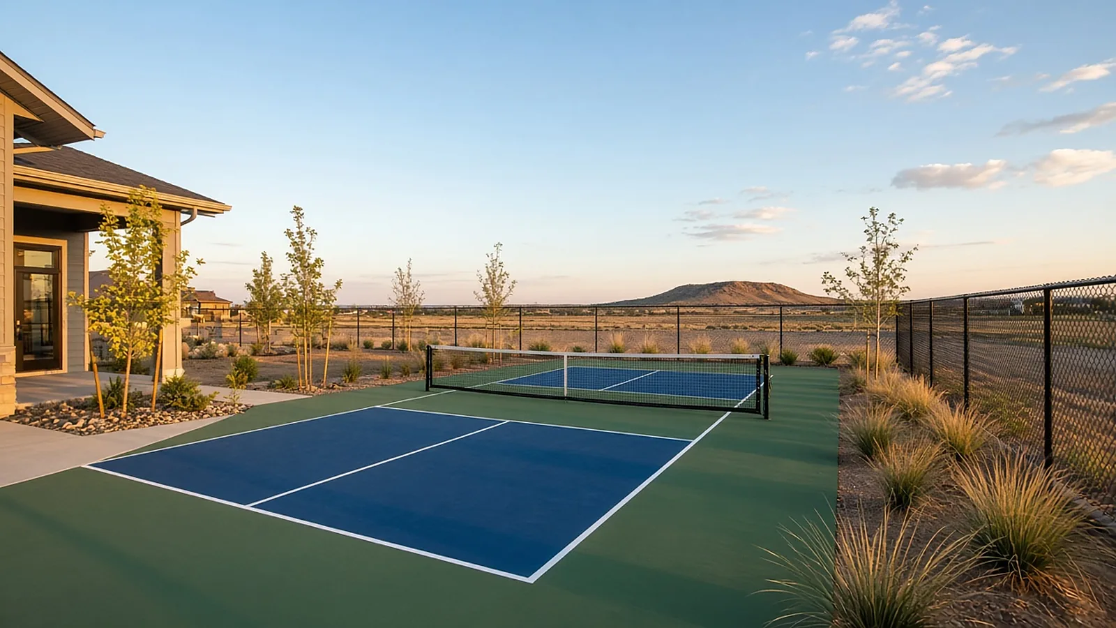 Finished backyard pickleball court with net and black perimeter fencing in a Kuna, Idaho subdivision