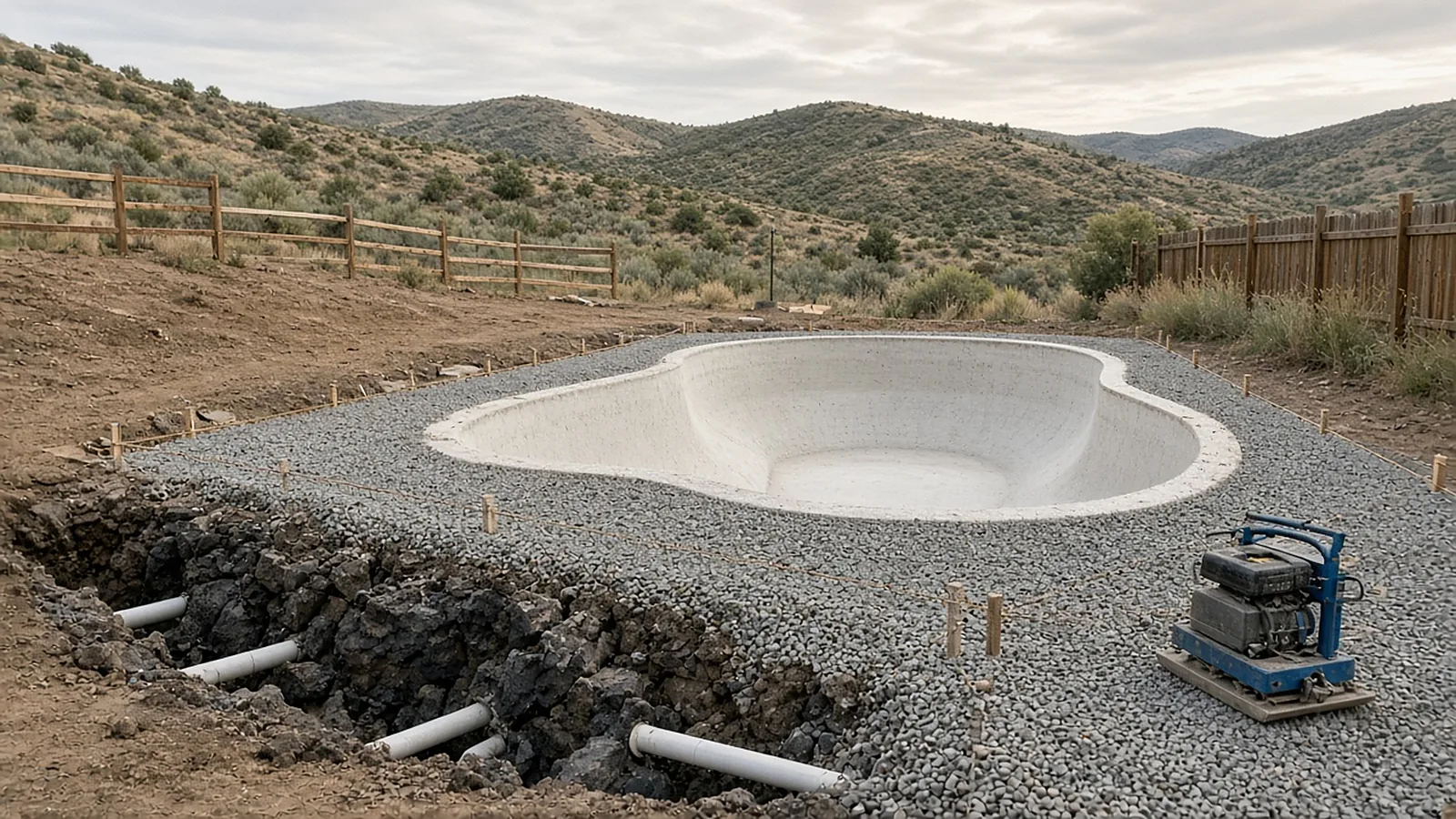 Pool deck base preparation with compacted gravel, utility sleeves, and exposed basalt rock in Kuna, Idaho