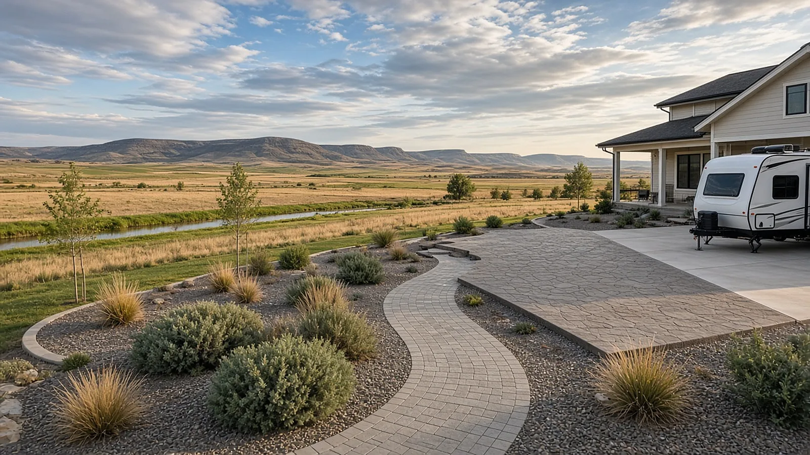 Wide view of a Kuna, Idaho acreage yard with stamped concrete patio, paver walkway, and concrete RV pad