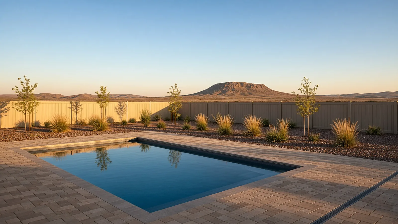 Paver pool deck with channel drain and xeriscape beds around a backyard pool in Kuna, Idaho