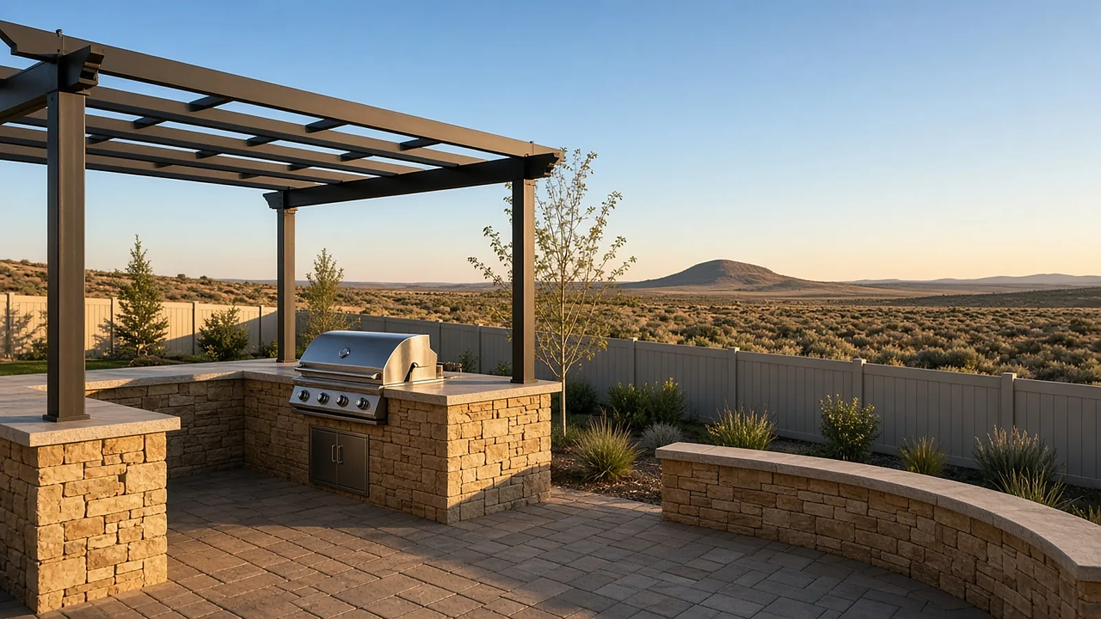 Outdoor kitchen with stone BBQ island and metal pergola at a Kuna, Idaho home at golden hour