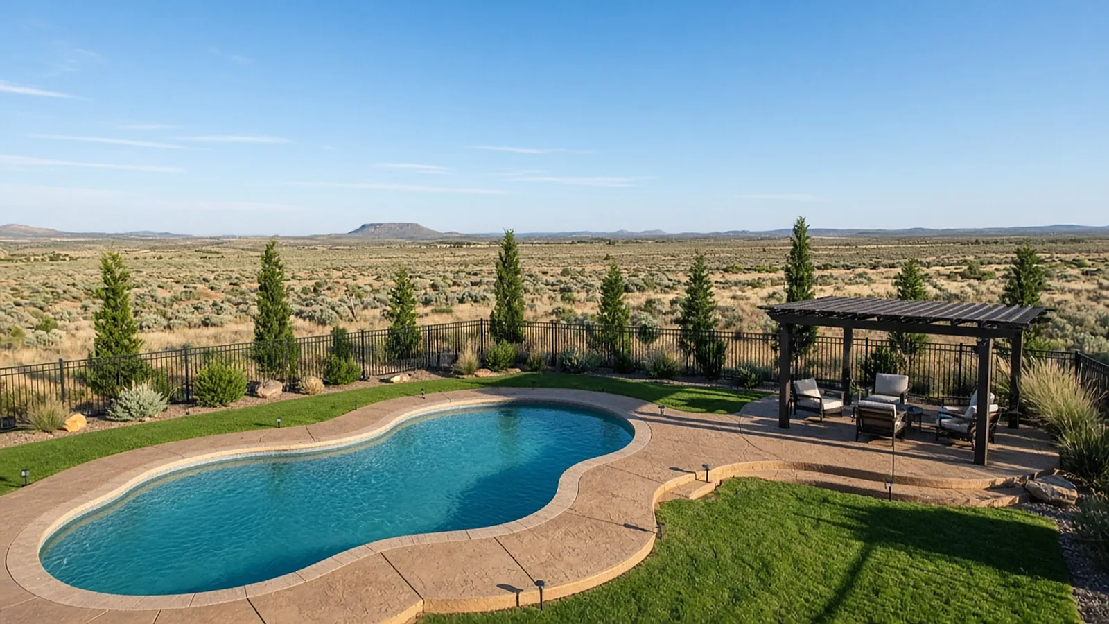 Wide view of a pool area with stamped concrete deck, pergola, sod, and fencing on an acreage lot in Kuna, Idaho