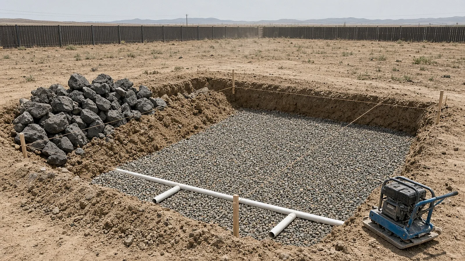 Patio excavation in Kuna, Idaho showing shallow basalt rock, compacted gravel base, and irrigation sleeves