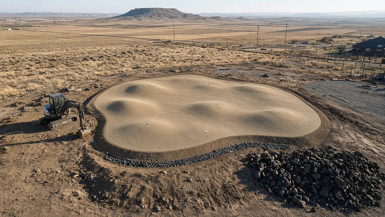 Putting green base preparation in Kuna, Idaho, showing compacted aggregate, contour layout, and rocky excavation