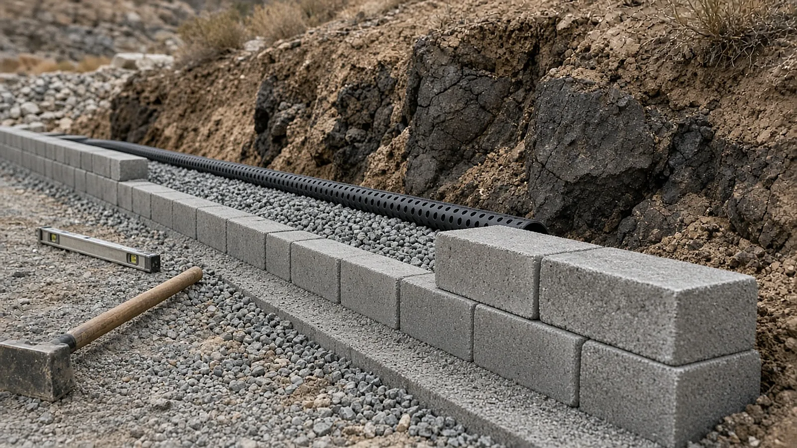 Retaining wall construction in Kuna, Idaho showing drain pipe, gravel backfill, and rocky basalt excavation