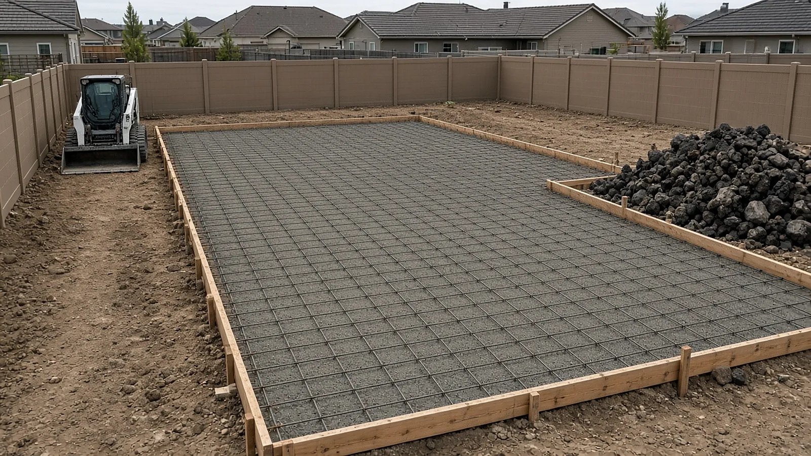 Sport court base under construction with forms, rebar, and compacted gravel in a Kuna, Idaho backyard