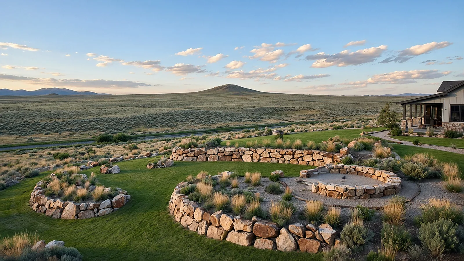 Natural boulder retaining walls terracing a large acreage yard in Kuna, Idaho near open desert