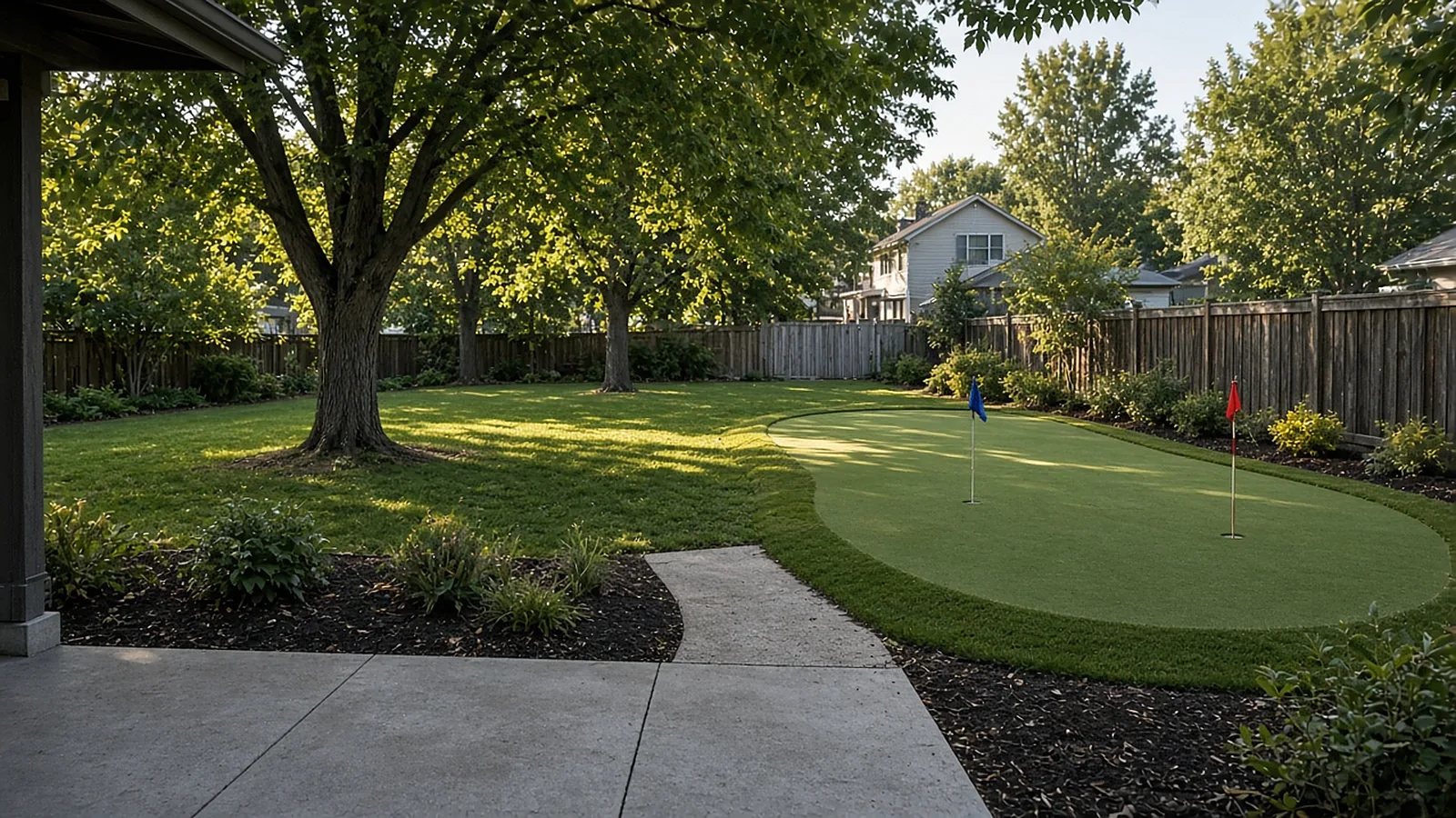 Wide backyard putting green in Kuna, Idaho, with cups, flags, fringe, mature trees, and an adjoining lawn