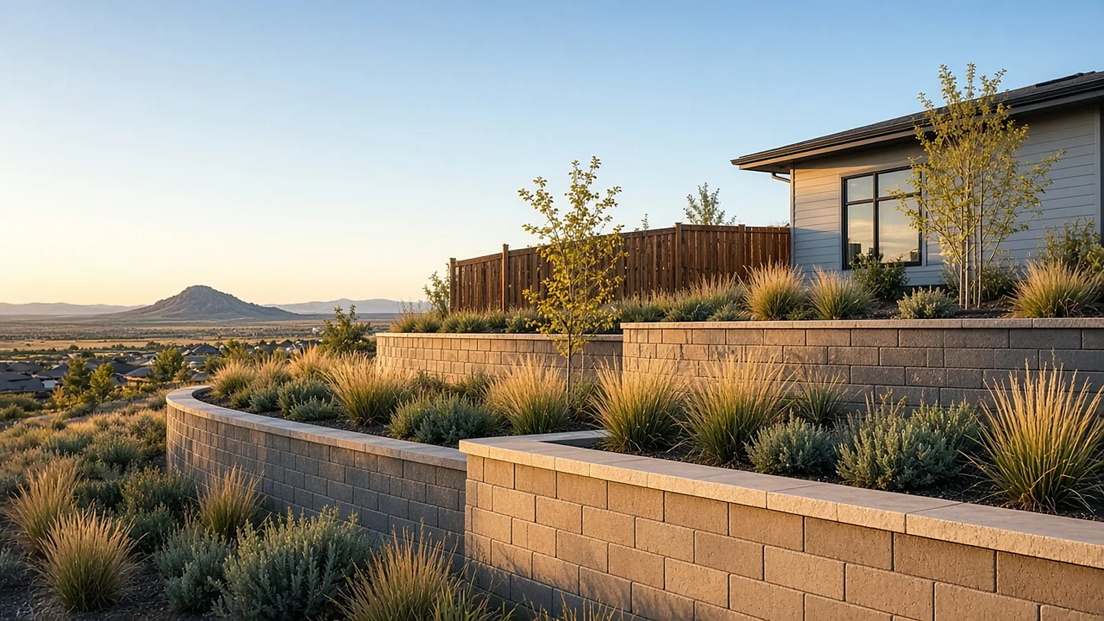 Tan block retaining wall with planted terrace in a Kuna, Idaho backyard against open high-desert sky
