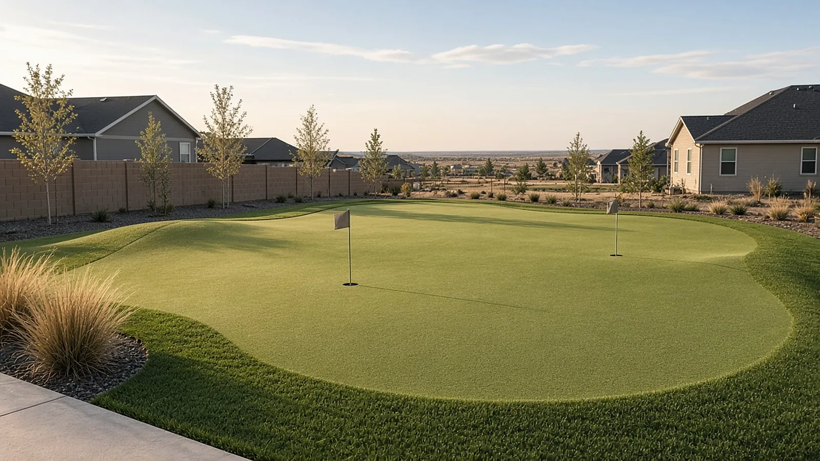 Backyard putting green installation in Kuna, Idaho, with gentle breaks, cups, flags, and a surrounding fringe