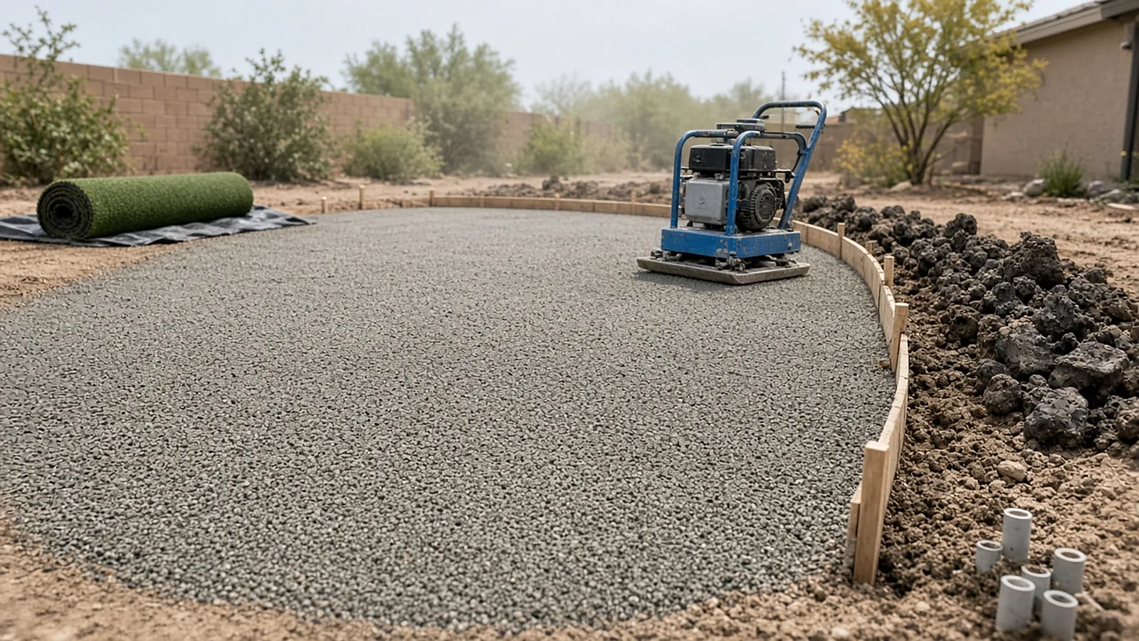 Compacted drainable aggregate base and edging being prepared for artificial turf installation in Kuna, Idaho