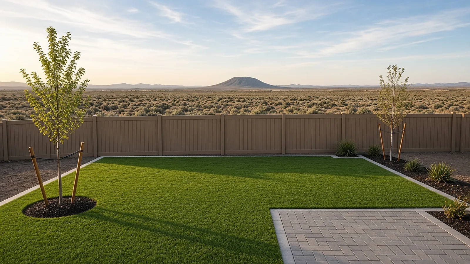Finished artificial turf backyard in Kuna, Idaho with clean edging beside a paver patio and open high-desert view