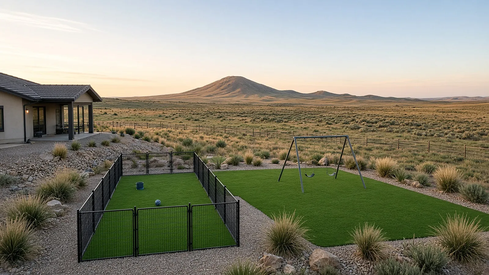Wide view of a pet-friendly artificial turf yard with a dog run and play area on a Kuna, Idaho property