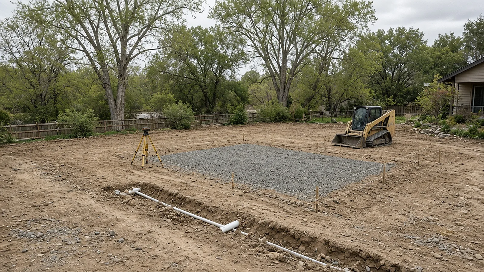 Backyard renovation underway in Middleton, Idaho with graded soil, irrigation trenches, sleeves, and compacted gravel patio base