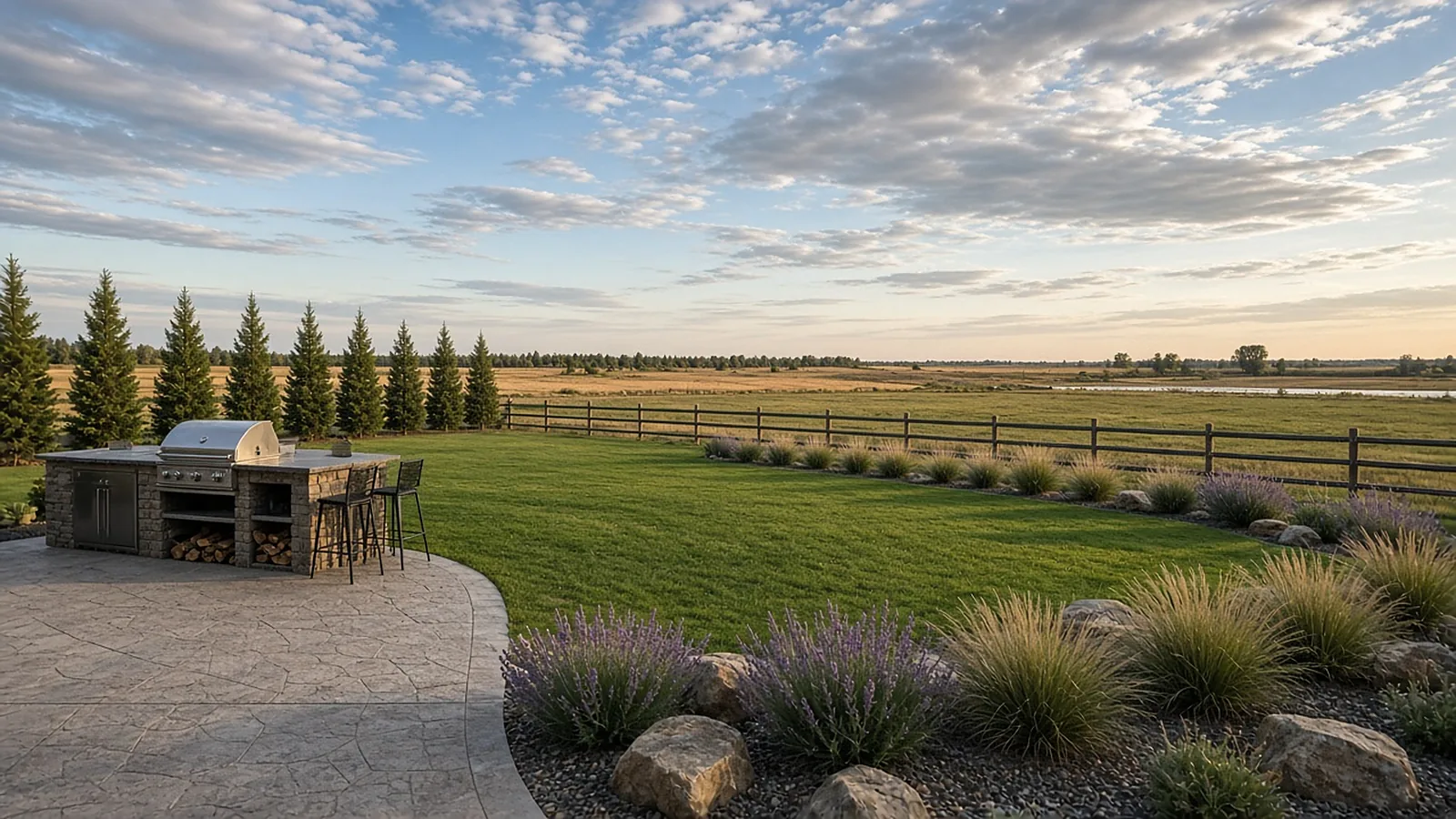 Wide view of a renovated rural acreage backyard in Middleton, Idaho with outdoor kitchen, lawn, xeriscape beds, and windbreak trees