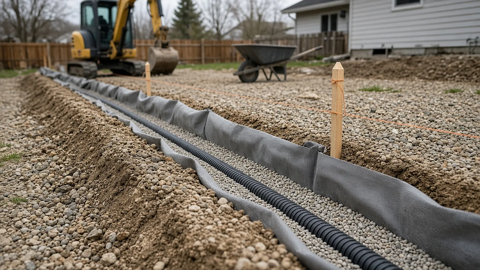 French drain trench with perforated pipe and drain rock in gravelly soil in a Middleton, Idaho backyard