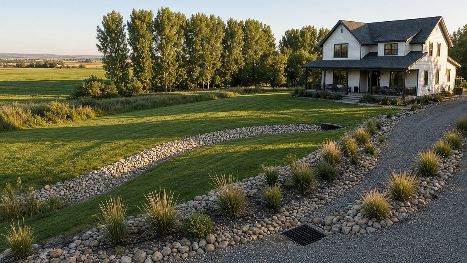 Graded swale with river rock and catch basin draining a large lawn on rural acreage in Middleton, Idaho