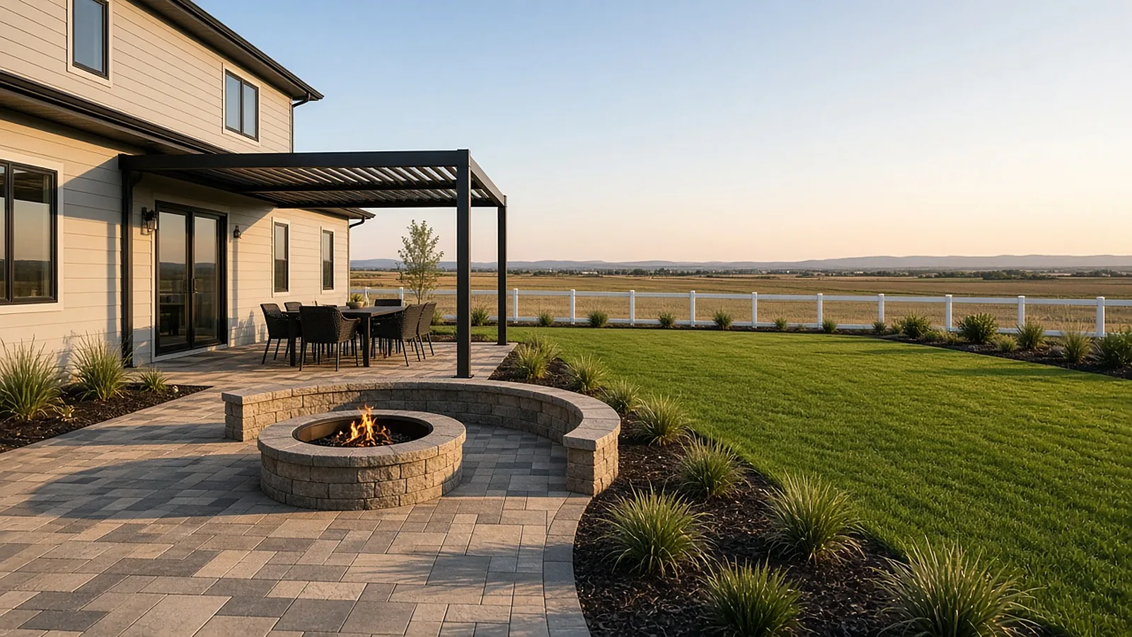 Finished backyard renovation in Middleton, Idaho with paver patio, fire pit, pergola, and new lawn on a former farm lot
