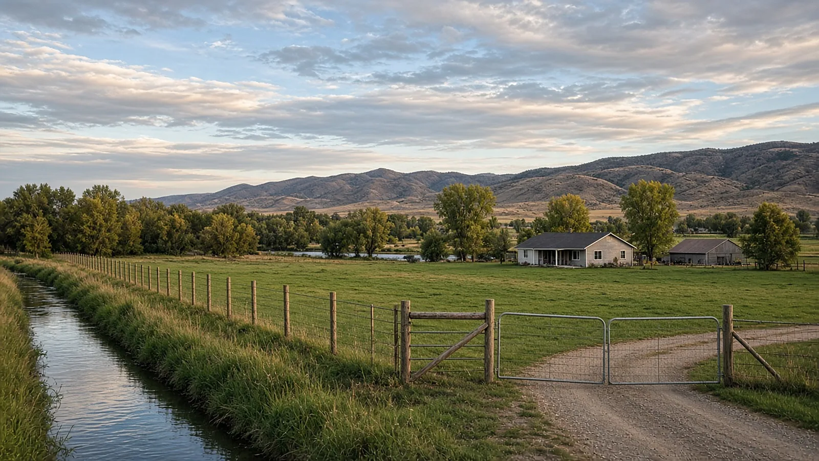 Rural acreage perimeter fence along an irrigation ditch with a wide equipment gate in Middleton, Idaho