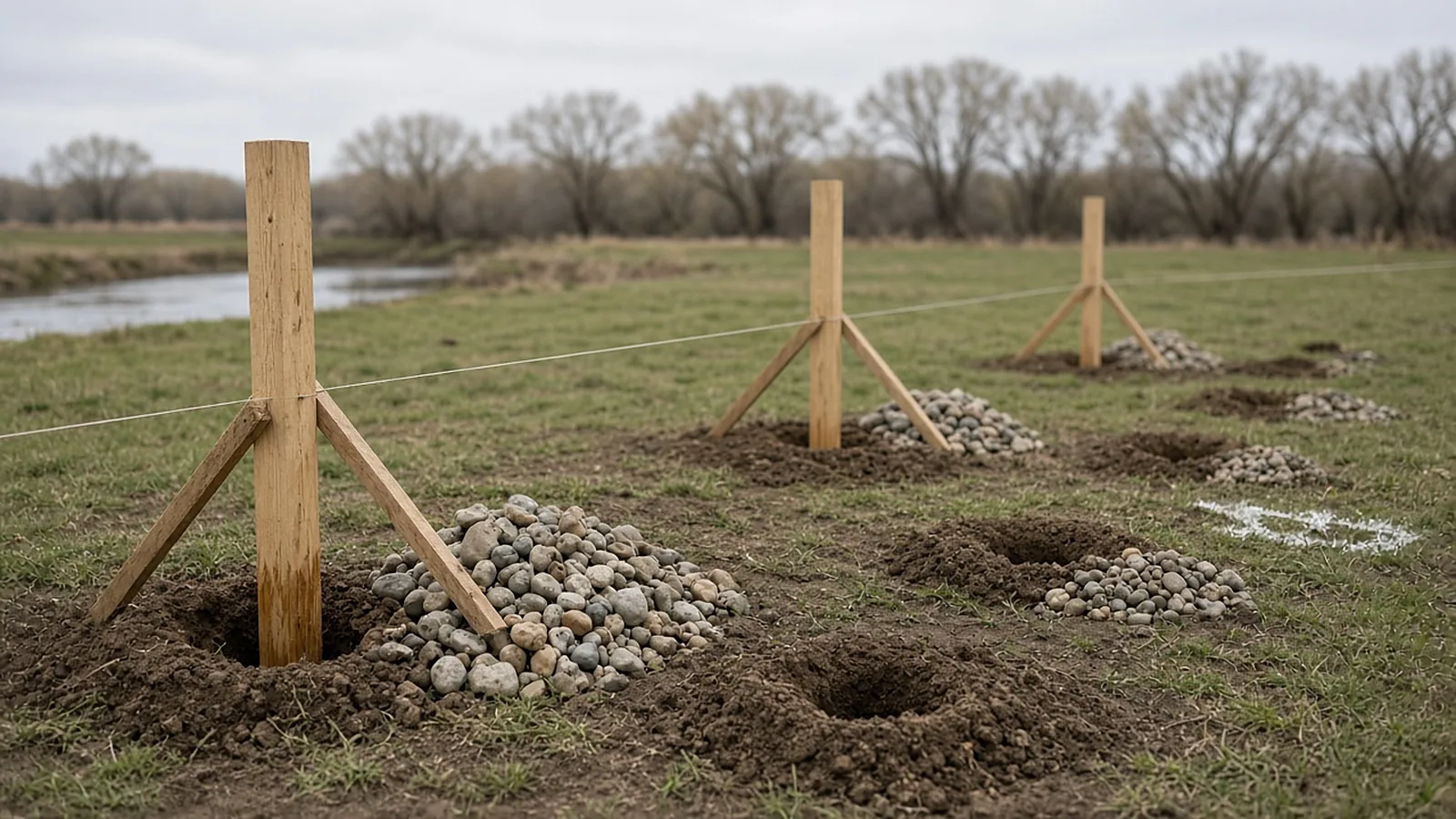 Fence post holes dug in gravelly river soil during fence installation in Middleton, Idaho
