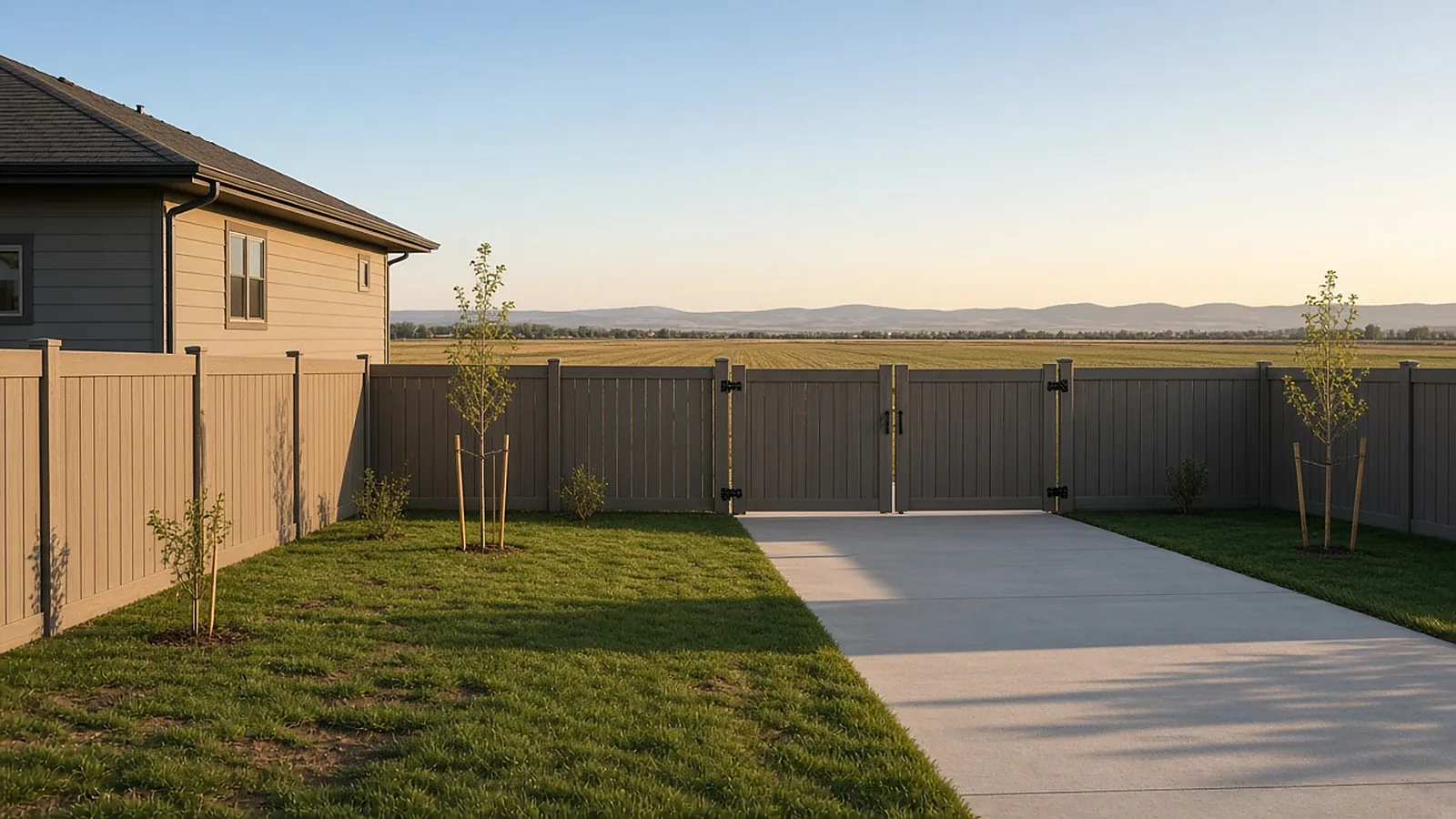 Finished privacy fence with a wide RV gate on a new subdivision lot in Middleton, Idaho