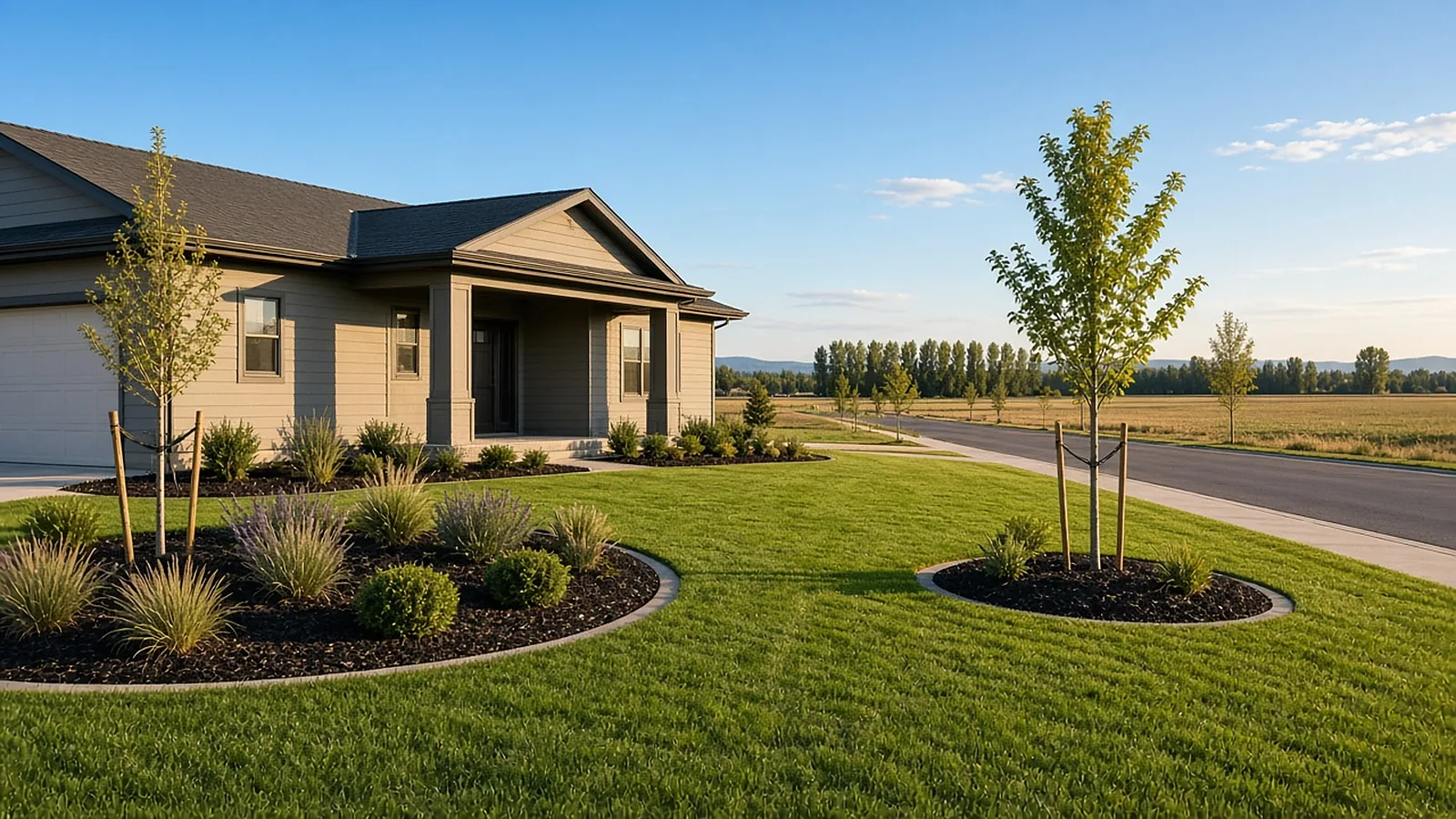 Finished sod lawn and curbed planting beds with young shade trees at a new home in Middleton, Idaho