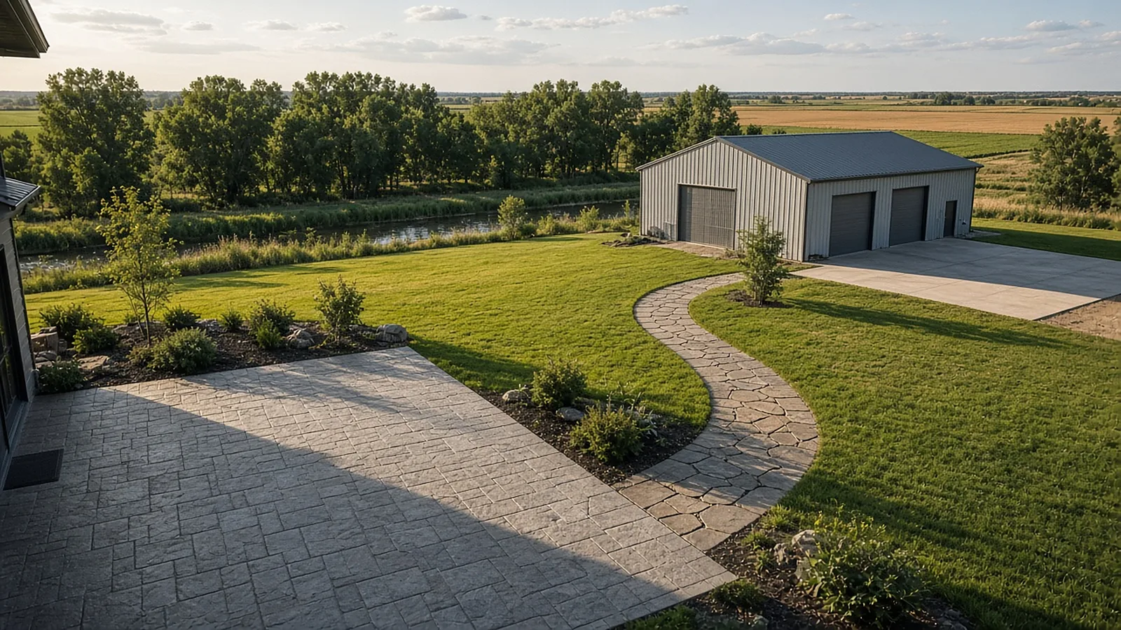 Wide backyard with stamped concrete patio, flagstone path, and RV pad on rural acreage in Middleton, Idaho