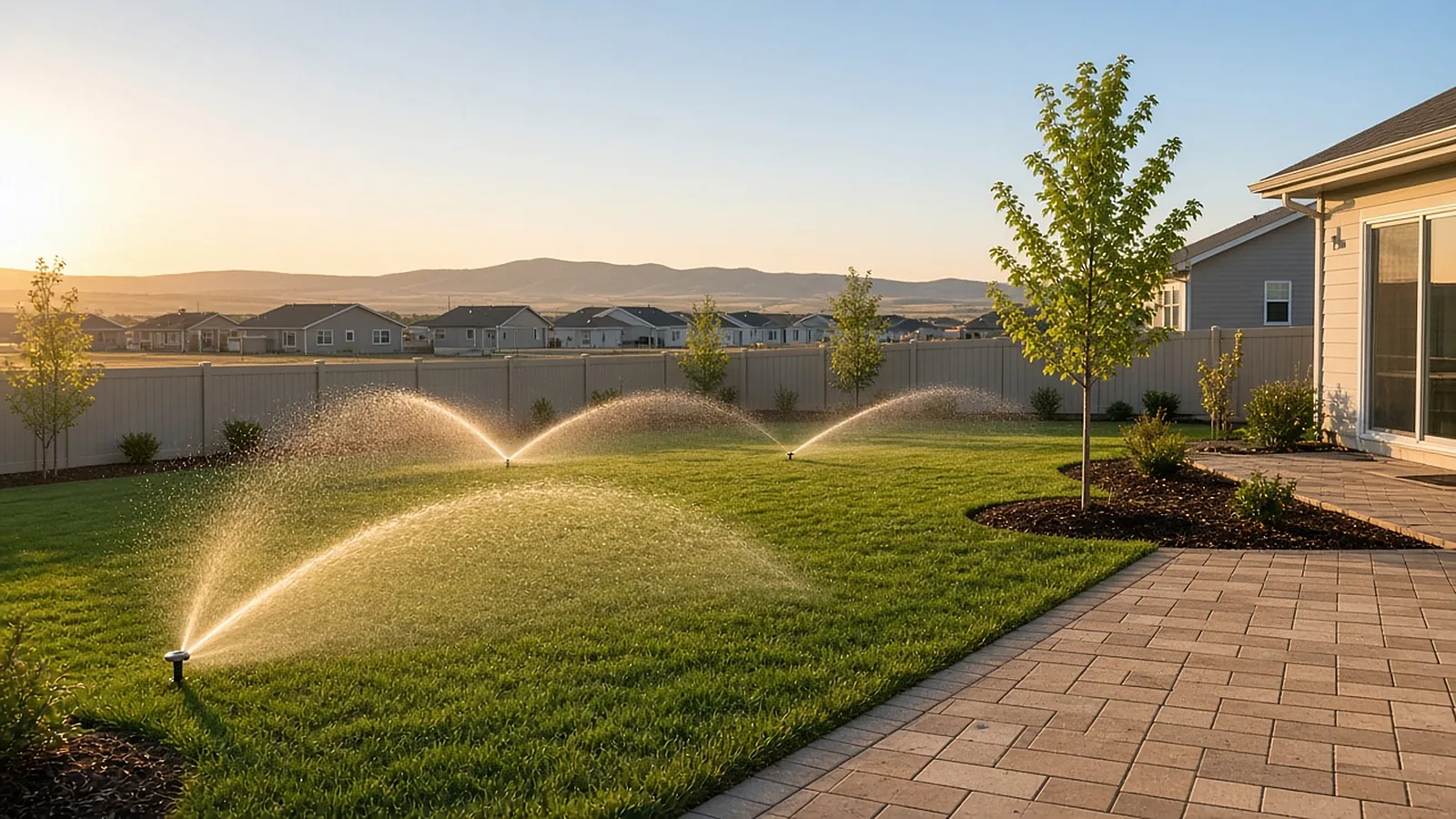 Rotor sprinklers watering a new lawn beside a paver patio in a flat backyard in Middleton, Idaho