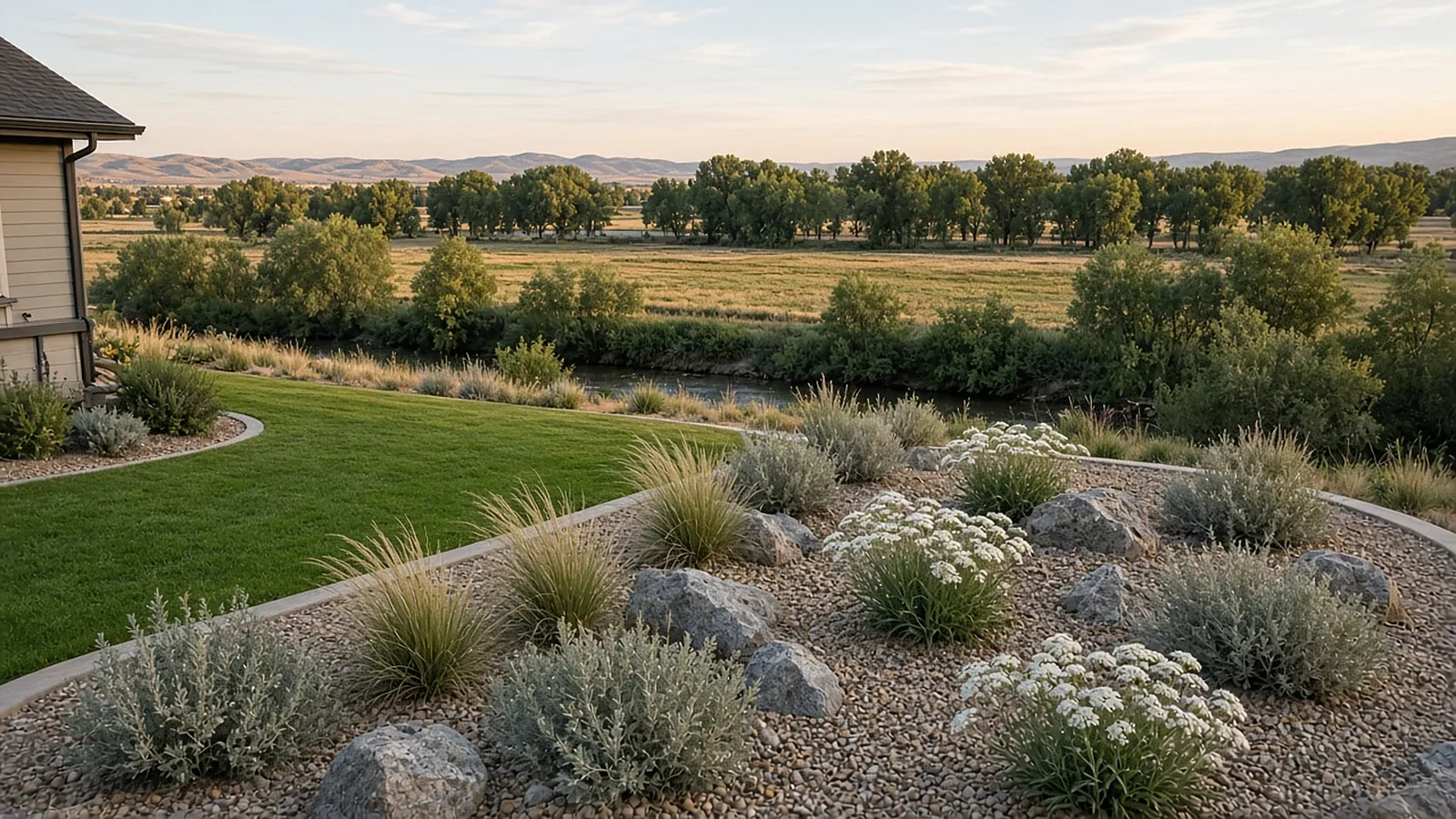 Low-water xeriscape with river rock, boulders, drought-tolerant shrubs, and lawn on rural acreage in Middleton, Idaho