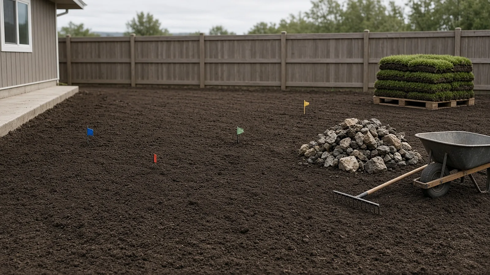 Soil prep and fine grading before sod installation on a former farm field lot in Middleton, Idaho