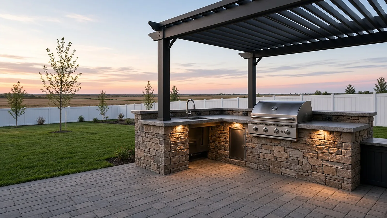 Outdoor kitchen with stone BBQ island and pergola on a paver patio in a Middleton, Idaho backyard at dusk