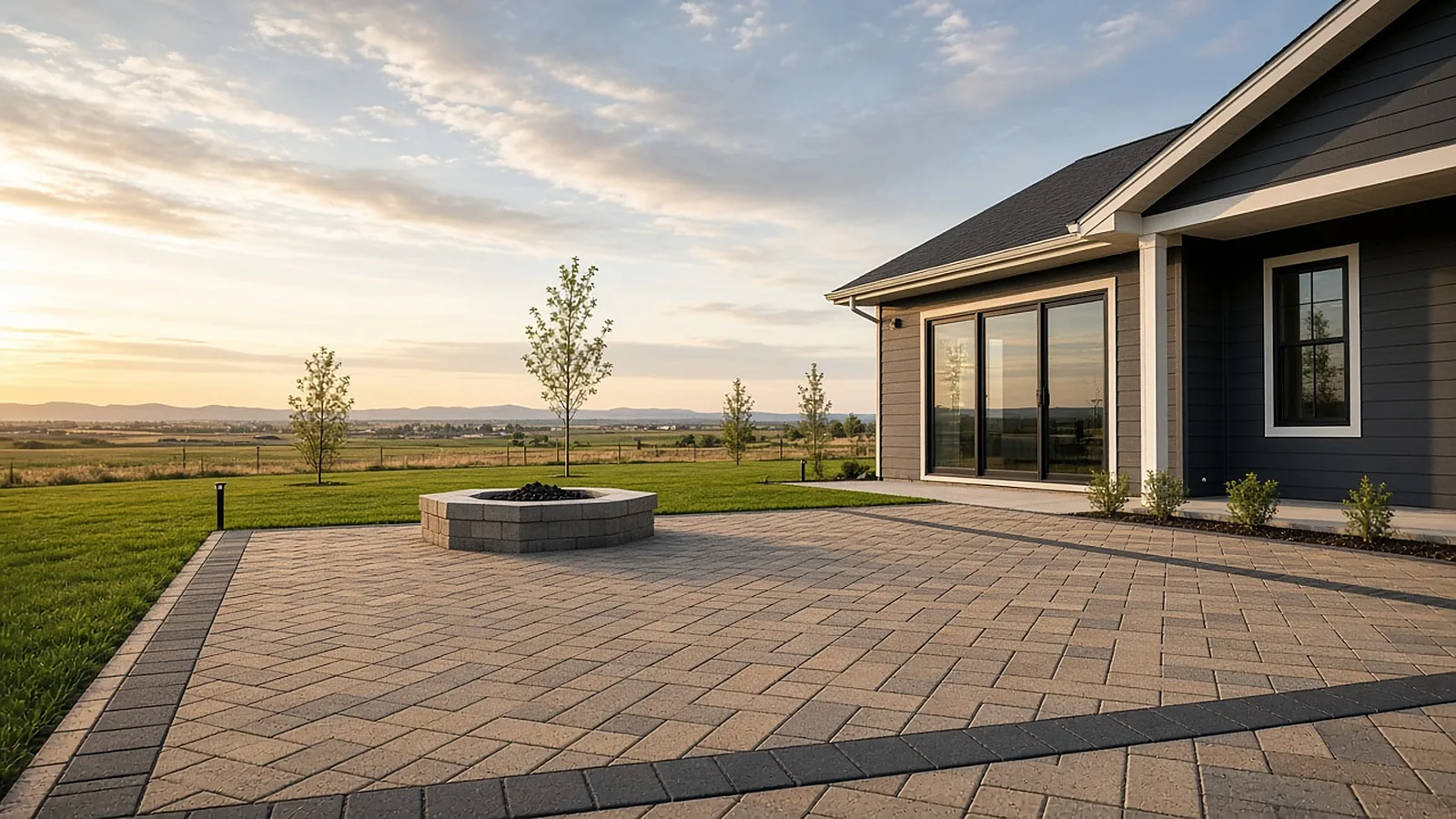 Finished concrete paver patio with border band behind a new home in Middleton, Idaho, paver patio contractor work