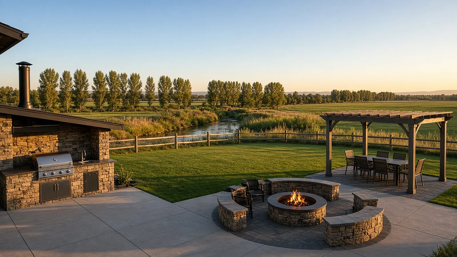 Wide view of an outdoor kitchen, fire pit, and pergola on a rural acreage backyard in Middleton, Idaho