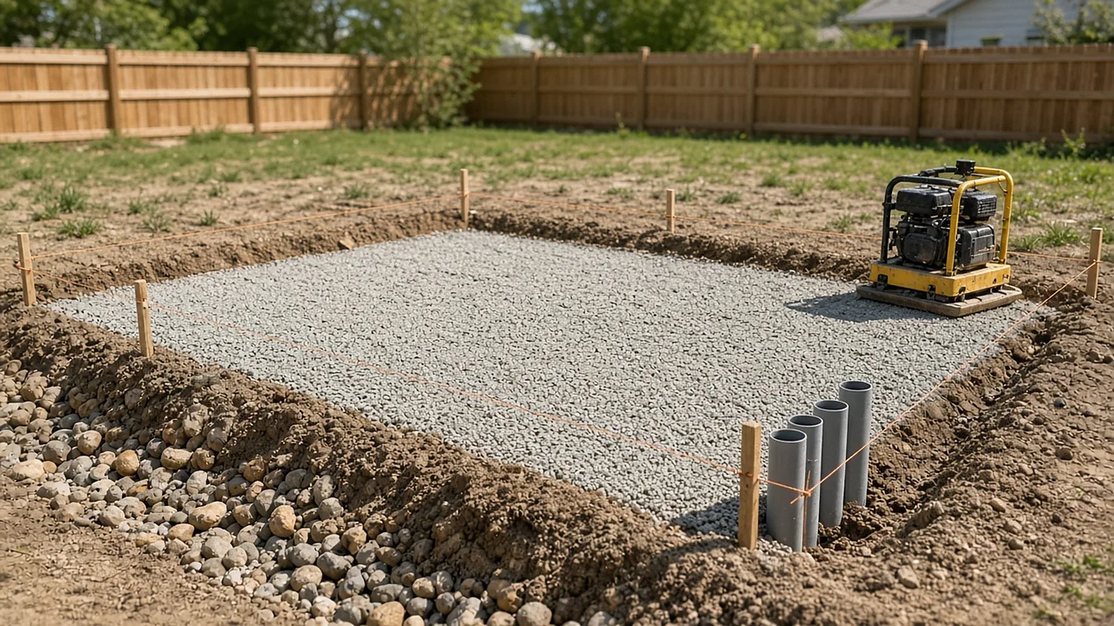 Compacted gravel base and utility sleeves prepared for an outdoor kitchen island in Middleton, Idaho