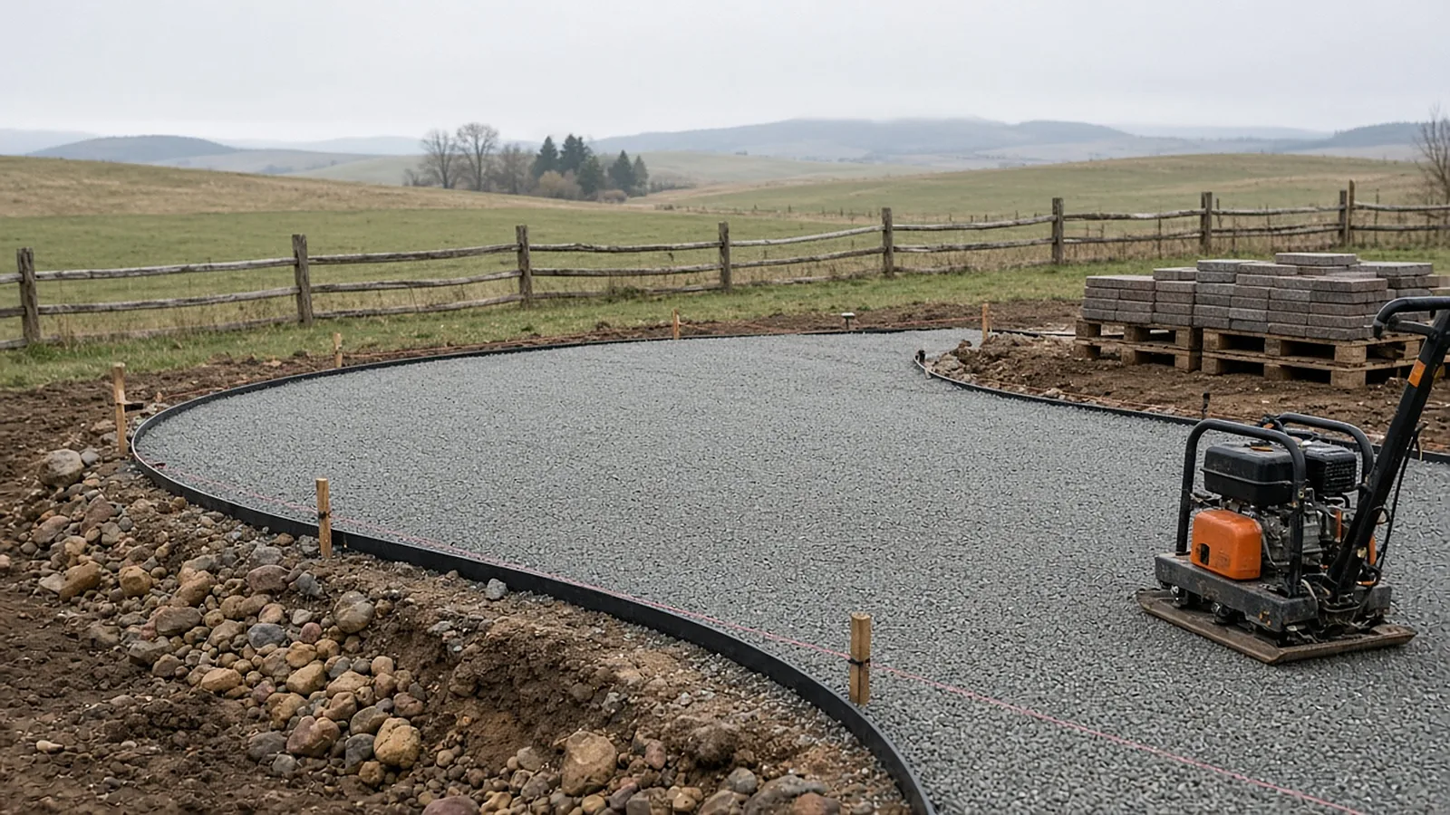 Compacted gravel base and edge restraint laid for a paver patio installation in Middleton, Idaho