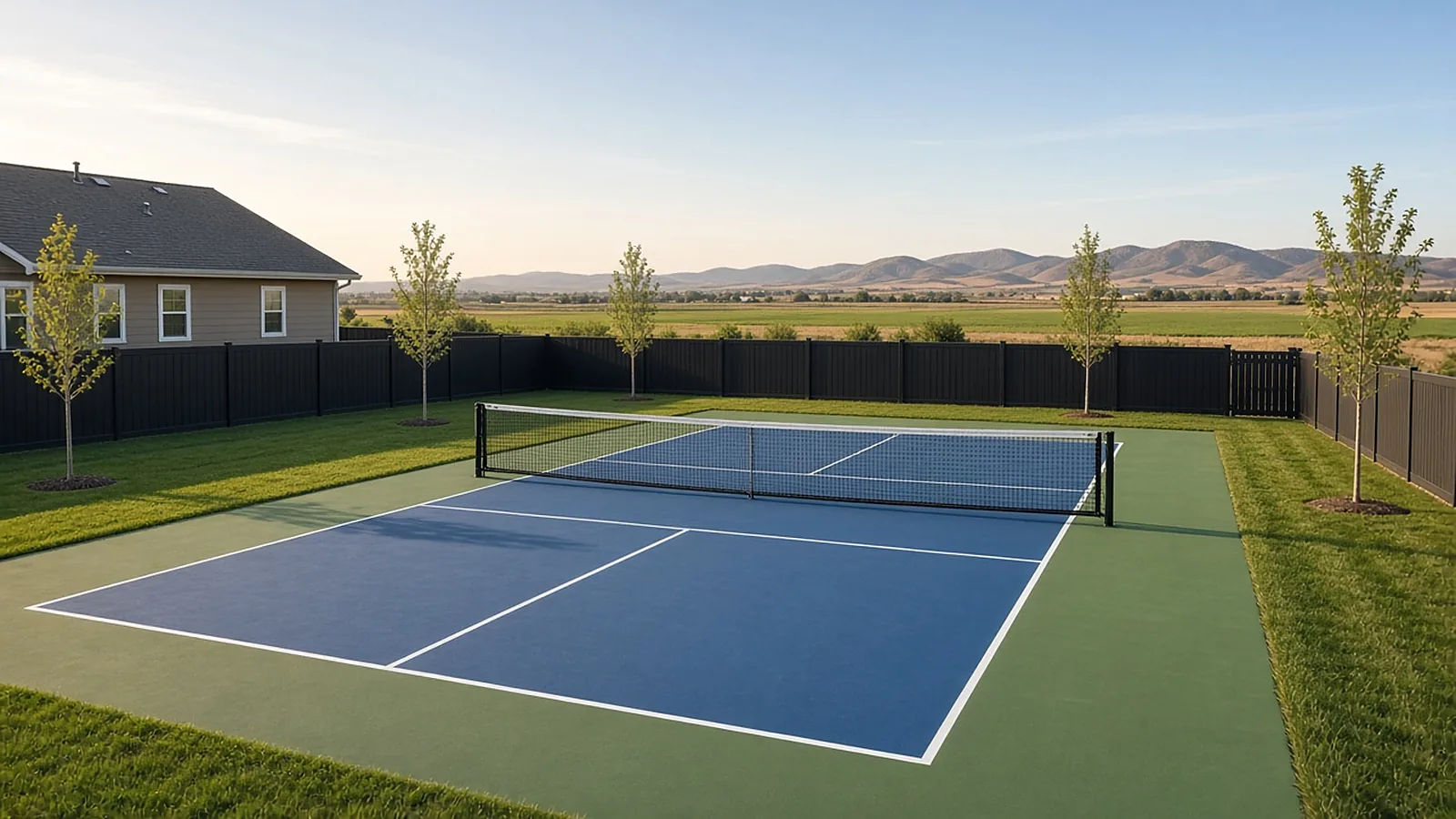 Finished backyard pickleball court with net and perimeter fence at a new subdivision home in Middleton, Idaho