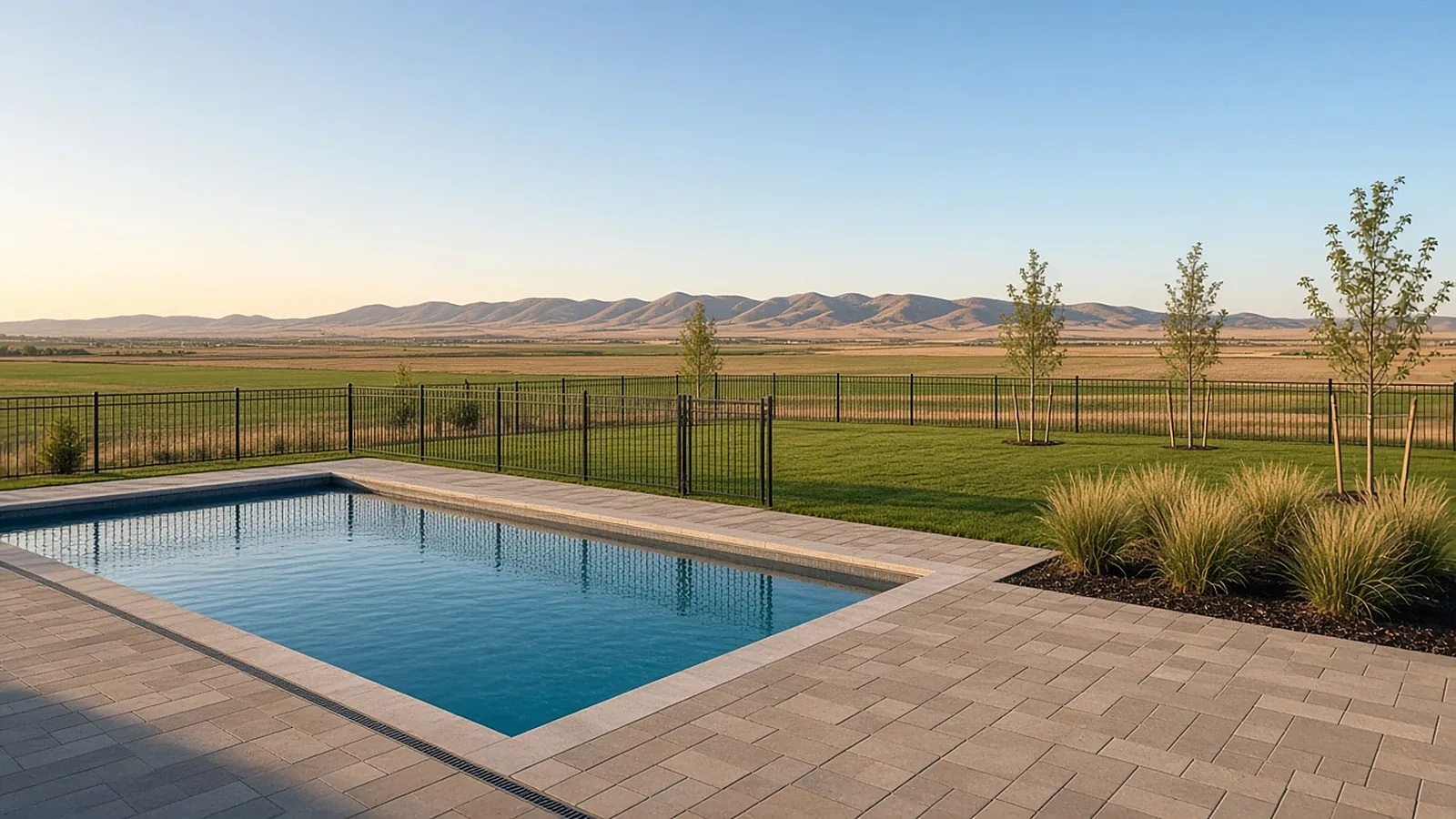 Finished paver pool deck with black aluminum fence in a new subdivision backyard in Middleton, Idaho