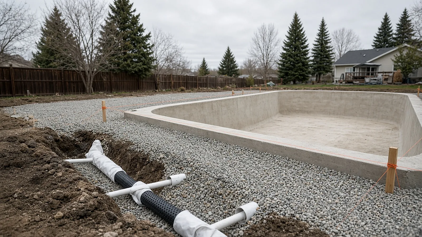 Compacted gravel deck base, drain trench, and PVC sleeves around a new pool during site prep in Middleton, Idaho
