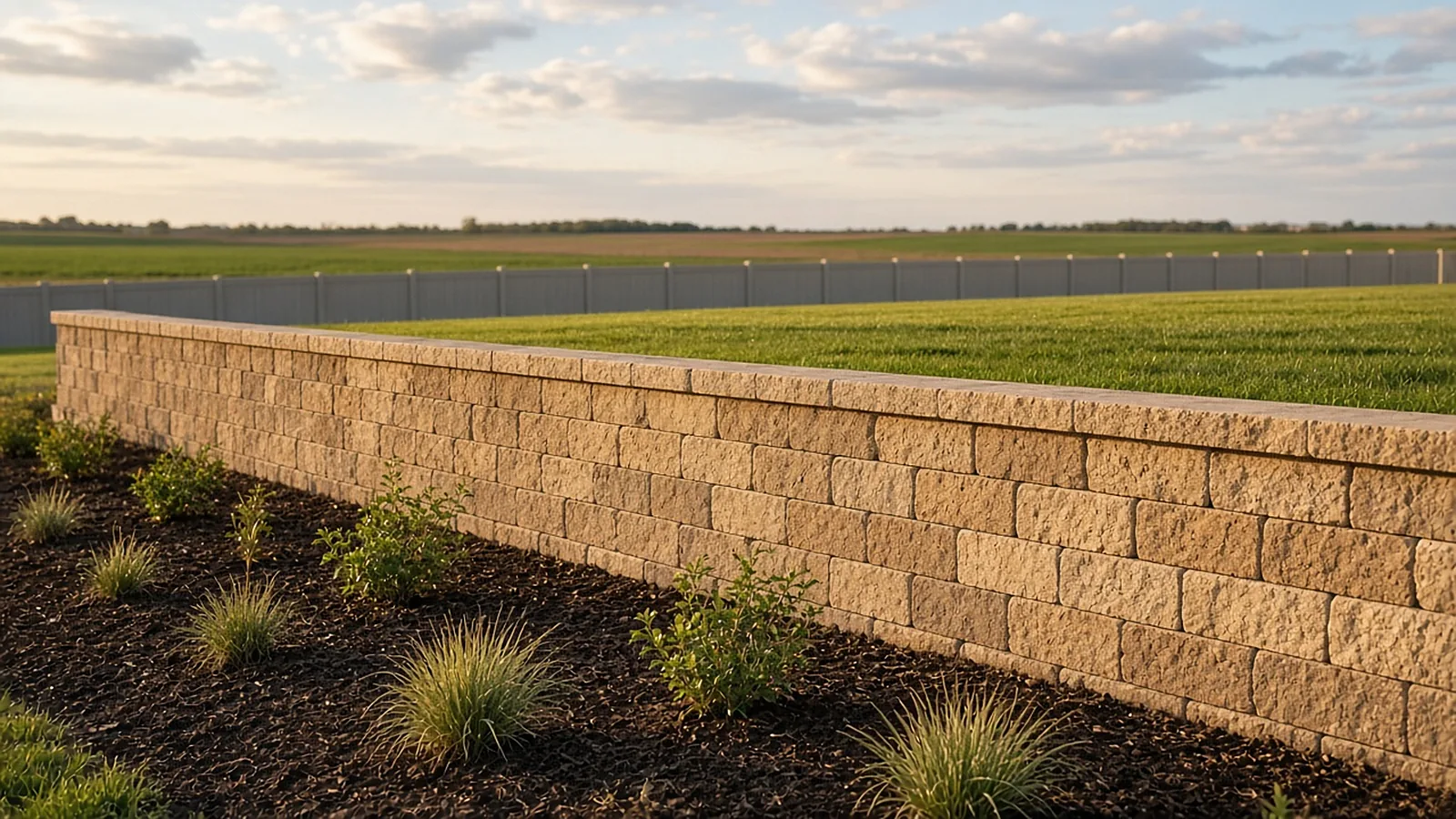 Finished block retaining wall with stone cap leveling a backyard in a new Middleton, Idaho subdivision