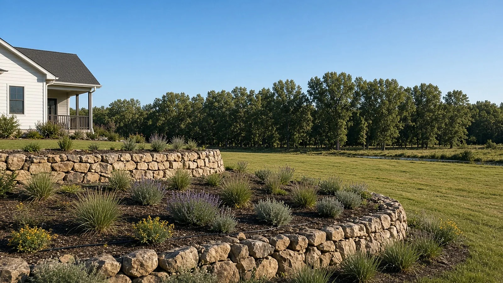 Terraced boulder retaining walls with planting beds on rural acreage in Middleton, Idaho near cottonwood trees