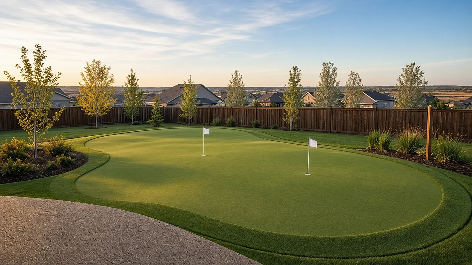 Backyard putting green installation in Middleton, Idaho, with gentle breaks, cups, flags, and a curved fringe