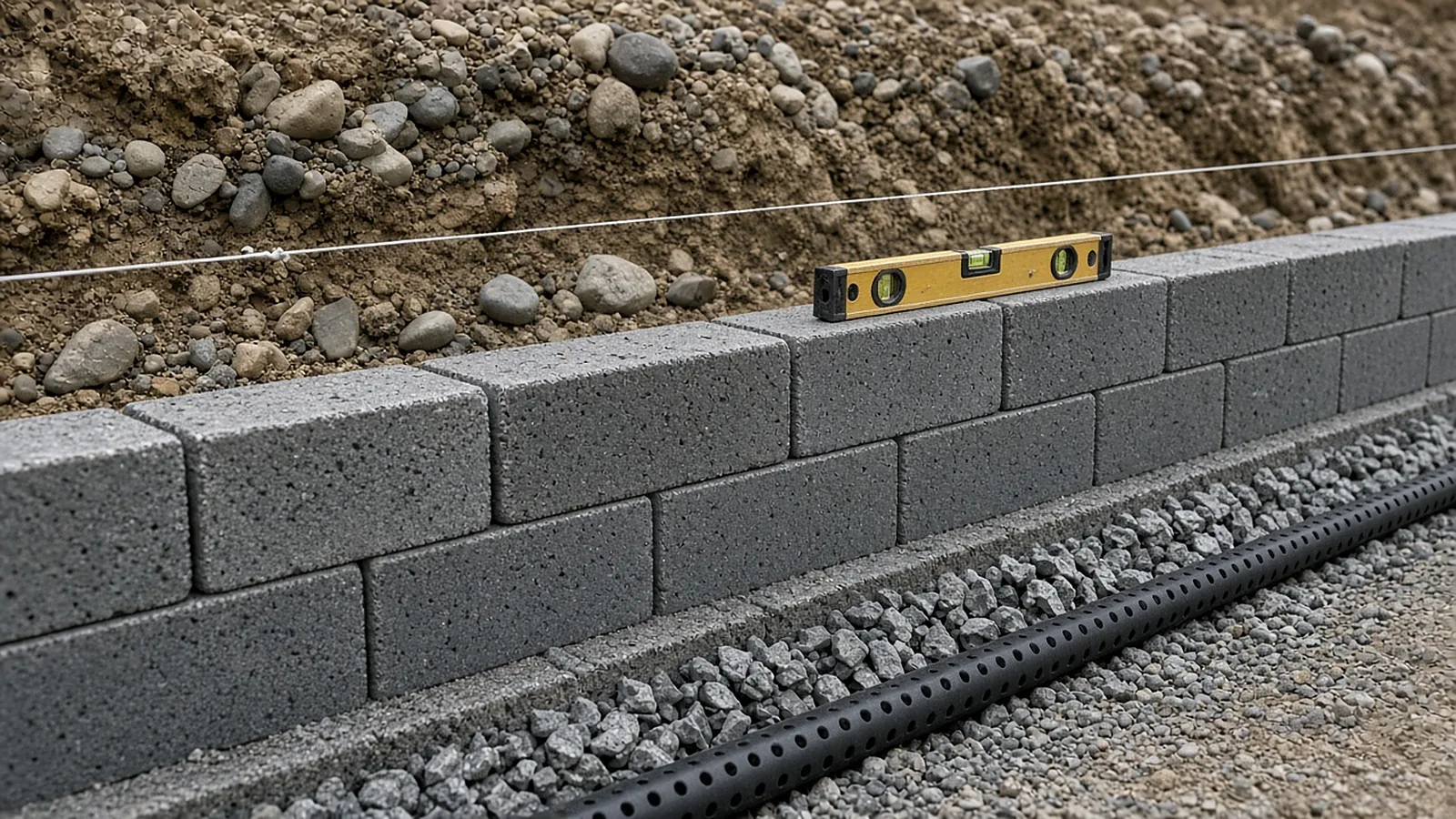 Retaining wall under construction in Middleton, Idaho showing drain pipe and clean drainage aggregate behind block