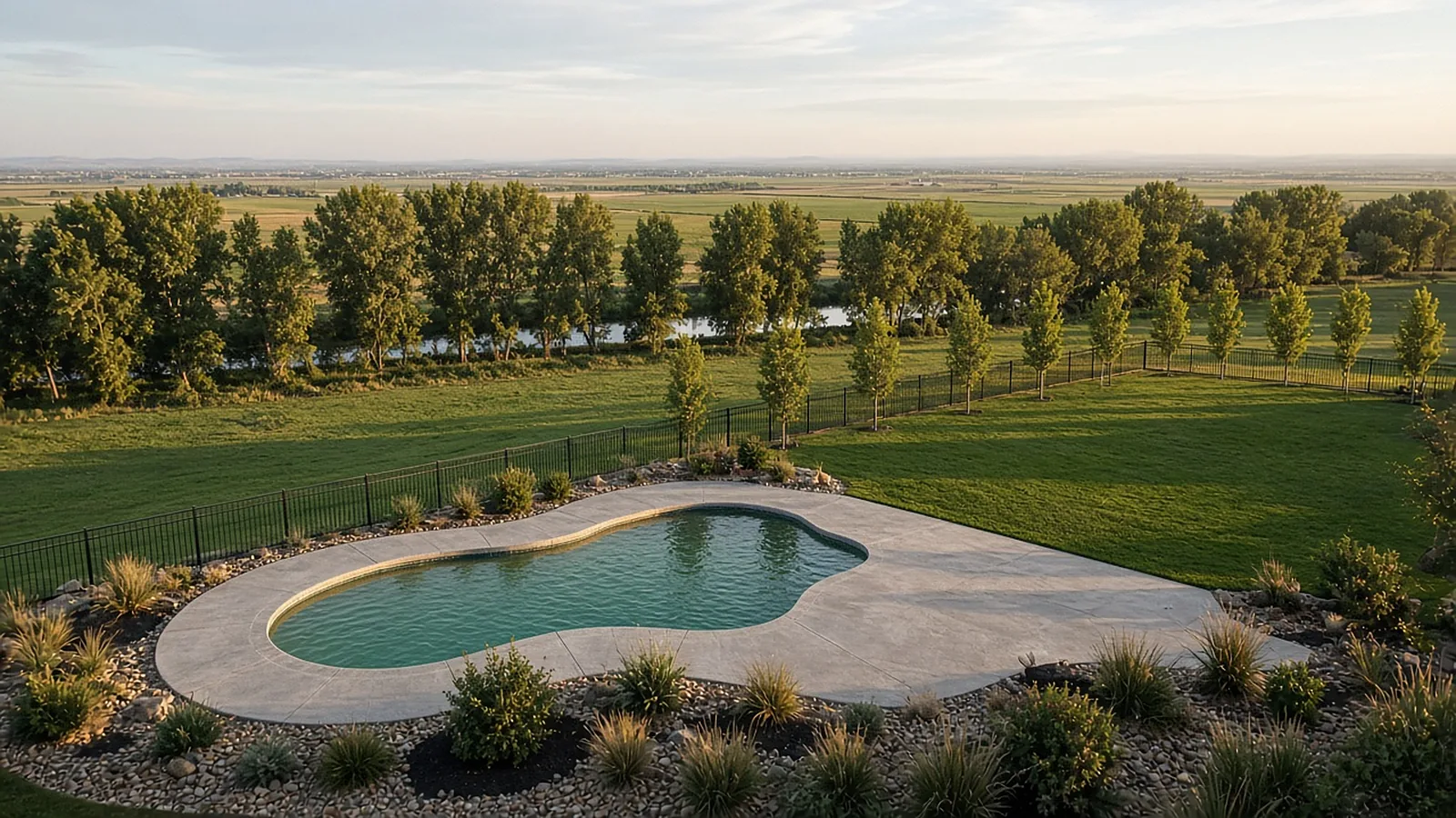 Wide view of a pool, concrete deck, lawn, and xeriscape beds on rural acreage near Willow Creek in Middleton, Idaho