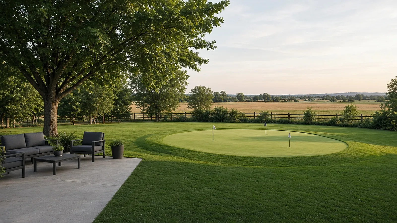 Wide Middleton, Idaho backyard with synthetic putting green, cups, flags, fringe, and surrounding recreation space