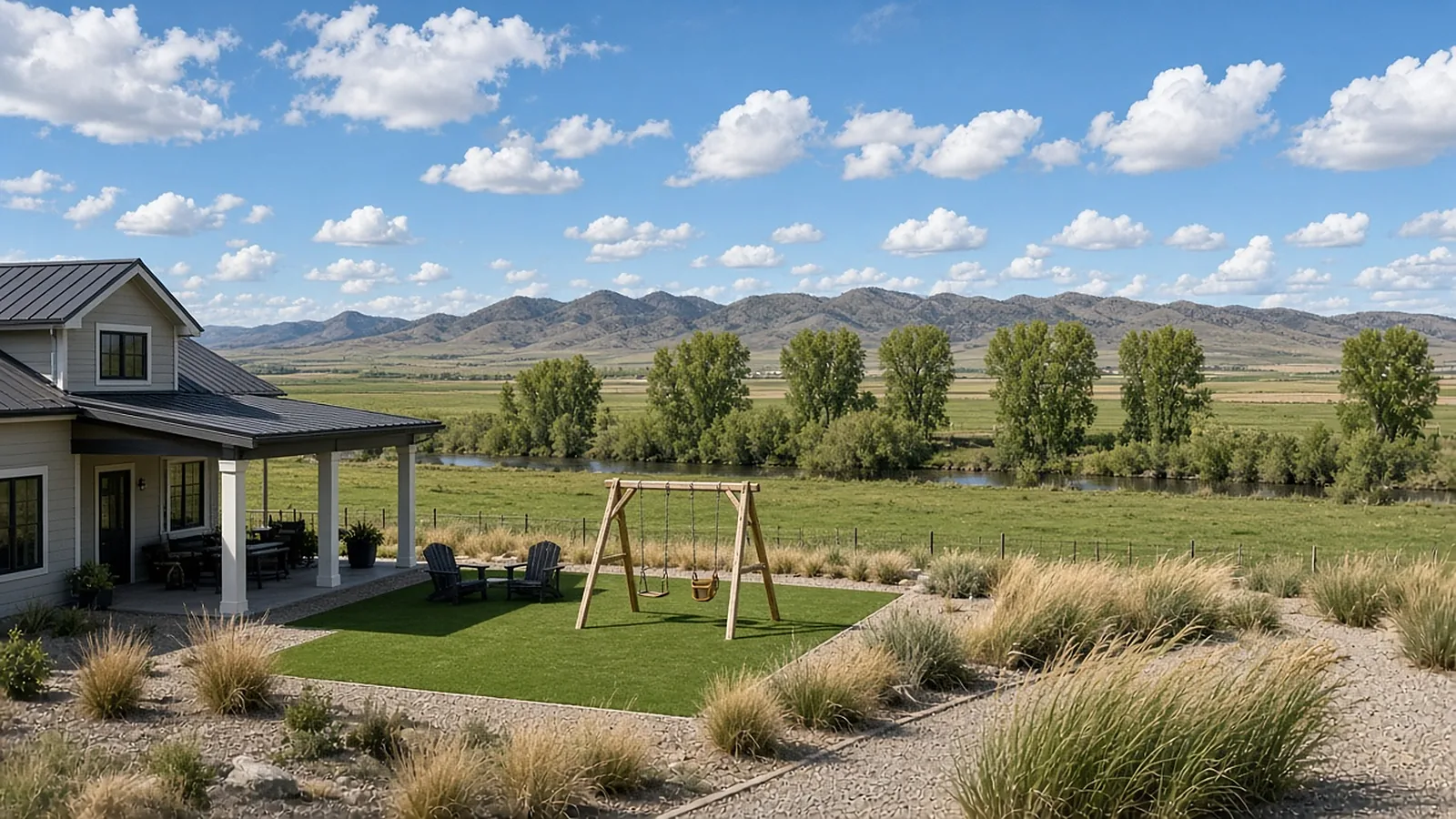 Wide view of an artificial turf play and lounge area beside a farmhouse on rural acreage in Middleton, Idaho