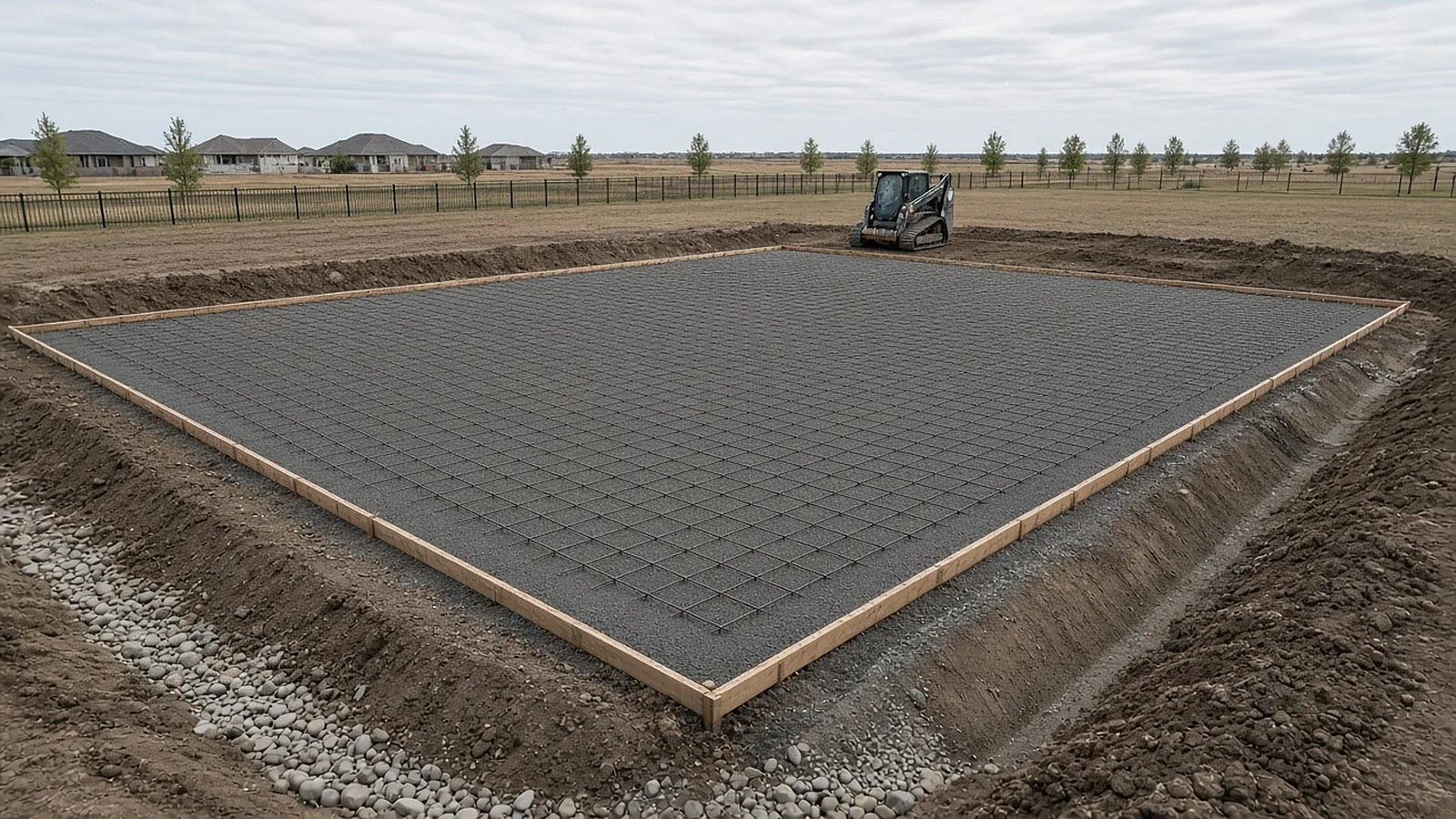 Sport court construction in Middleton, Idaho showing a compacted gravel base and slab forms before the pour