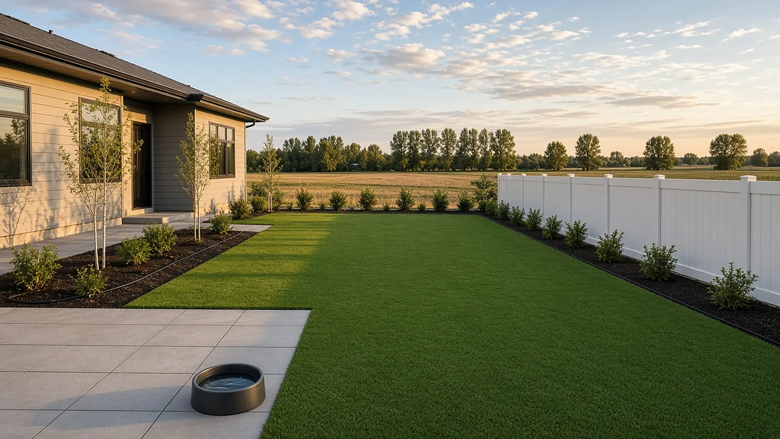 Finished pet-friendly artificial turf lawn in a fenced backyard of a newer Middleton, Idaho subdivision home